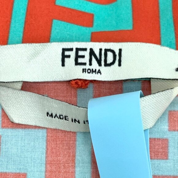 FENDI FF Logo Print Cotton Short Sleeve Button Down Shirt Size 40 Turquoise & Or - Picture 2 of 6